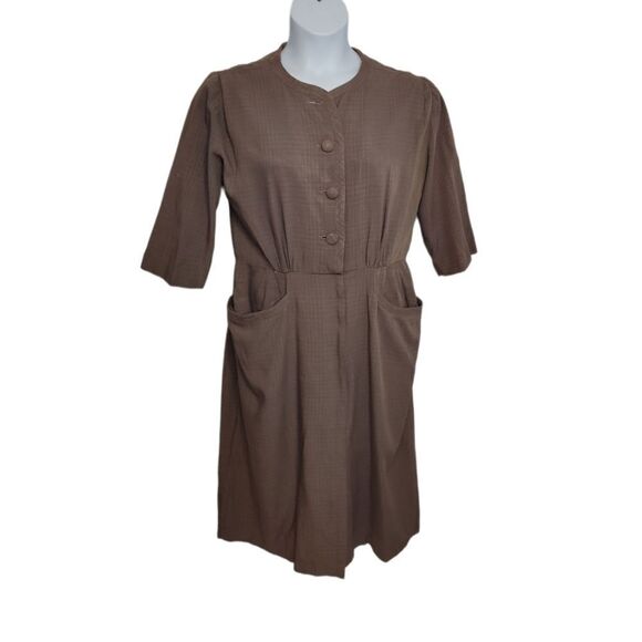 VINTAGE 60s does 40s day dress brown plaid button front academia with pockets M‎ - Picture 1 of 14